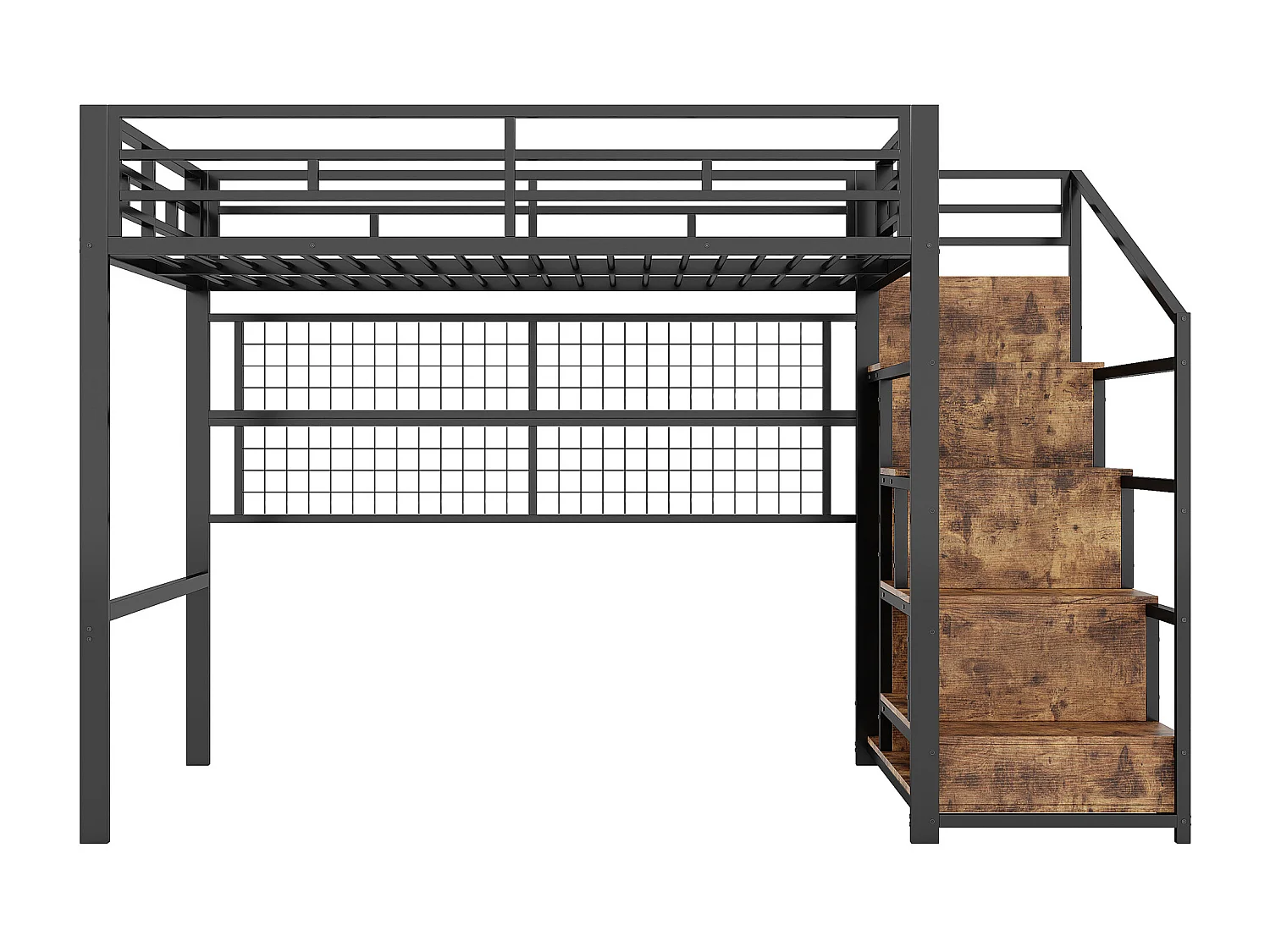 Lit mezzanine 140x200cm avec escalier de rangement, LED et penderie - Métal + MDF - Noir et bois foncé