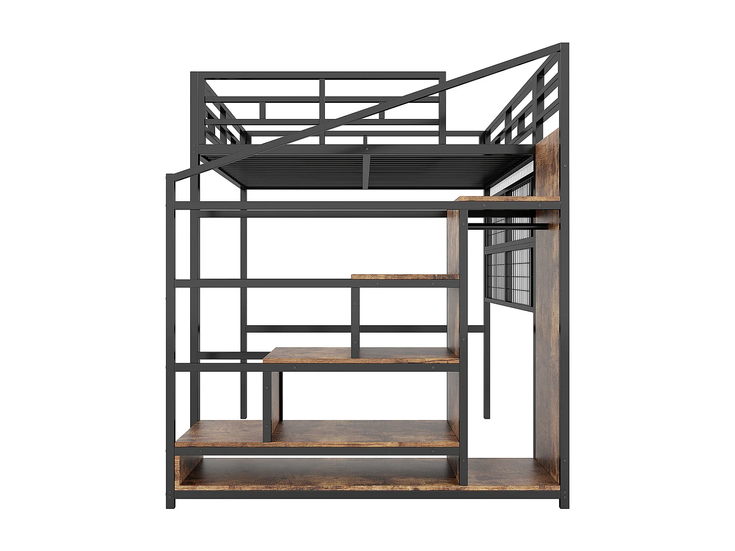 Lit mezzanine 140x200cm avec escalier de rangement, LED et penderie - Métal + MDF - Noir et bois foncé