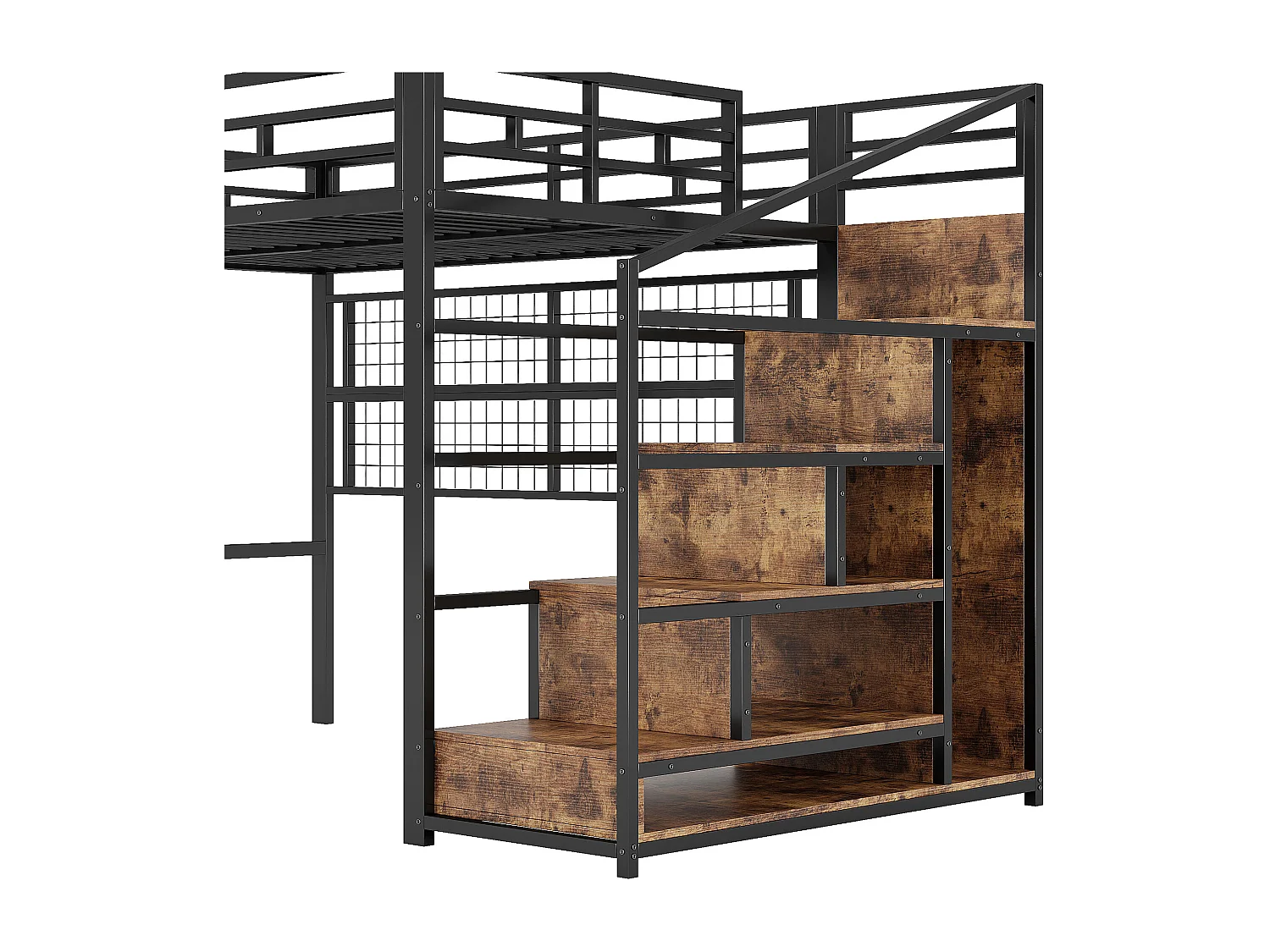 Lit mezzanine 140x200cm avec escalier de rangement, LED et penderie - Métal + MDF - Noir et bois foncé