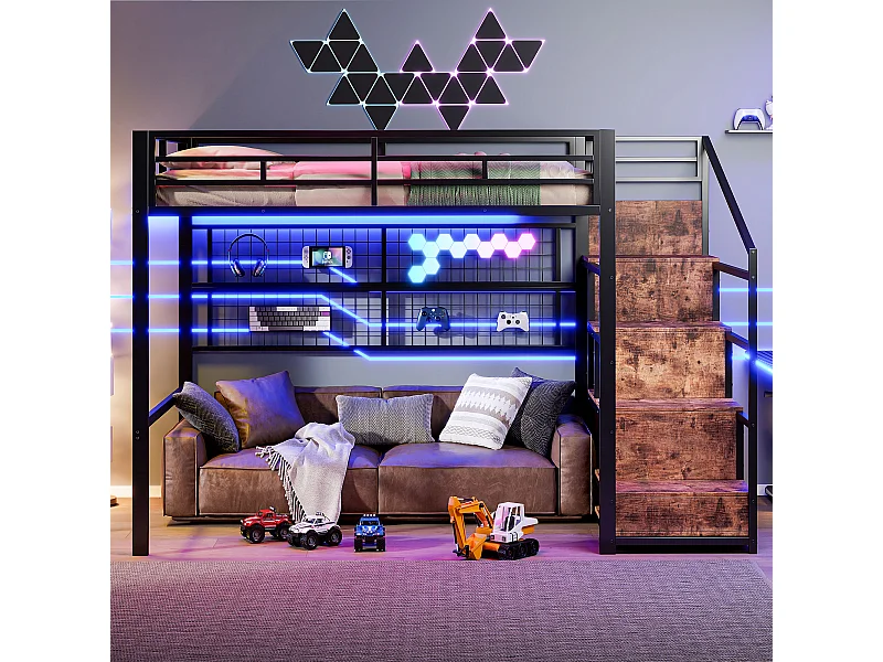 Lit mezzanine 140x200cm avec escalier de rangement, LED et penderie - Métal + MDF - Noir et bois foncé