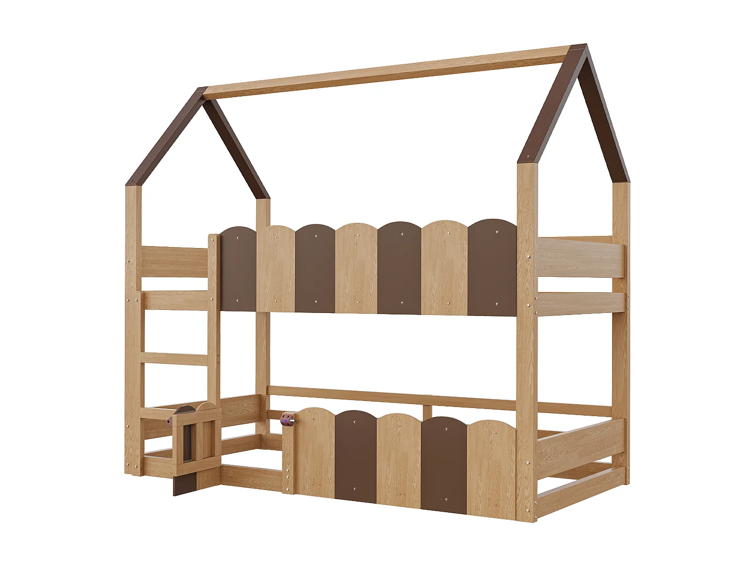 Letto a castello per bambini con pareti stile cabina, 90x200cm, con sponde di sicurezza alte, materasso non incluso, finitura in legno naturale e scuro.