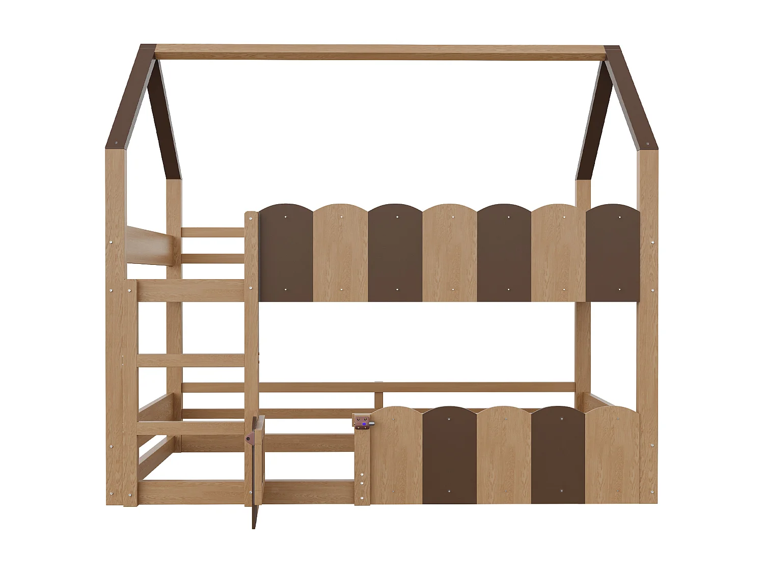 Letto a castello per bambini con pareti stile cabina, 90x200cm, con sponde di sicurezza alte, materasso non incluso, finitura in legno naturale e scuro.