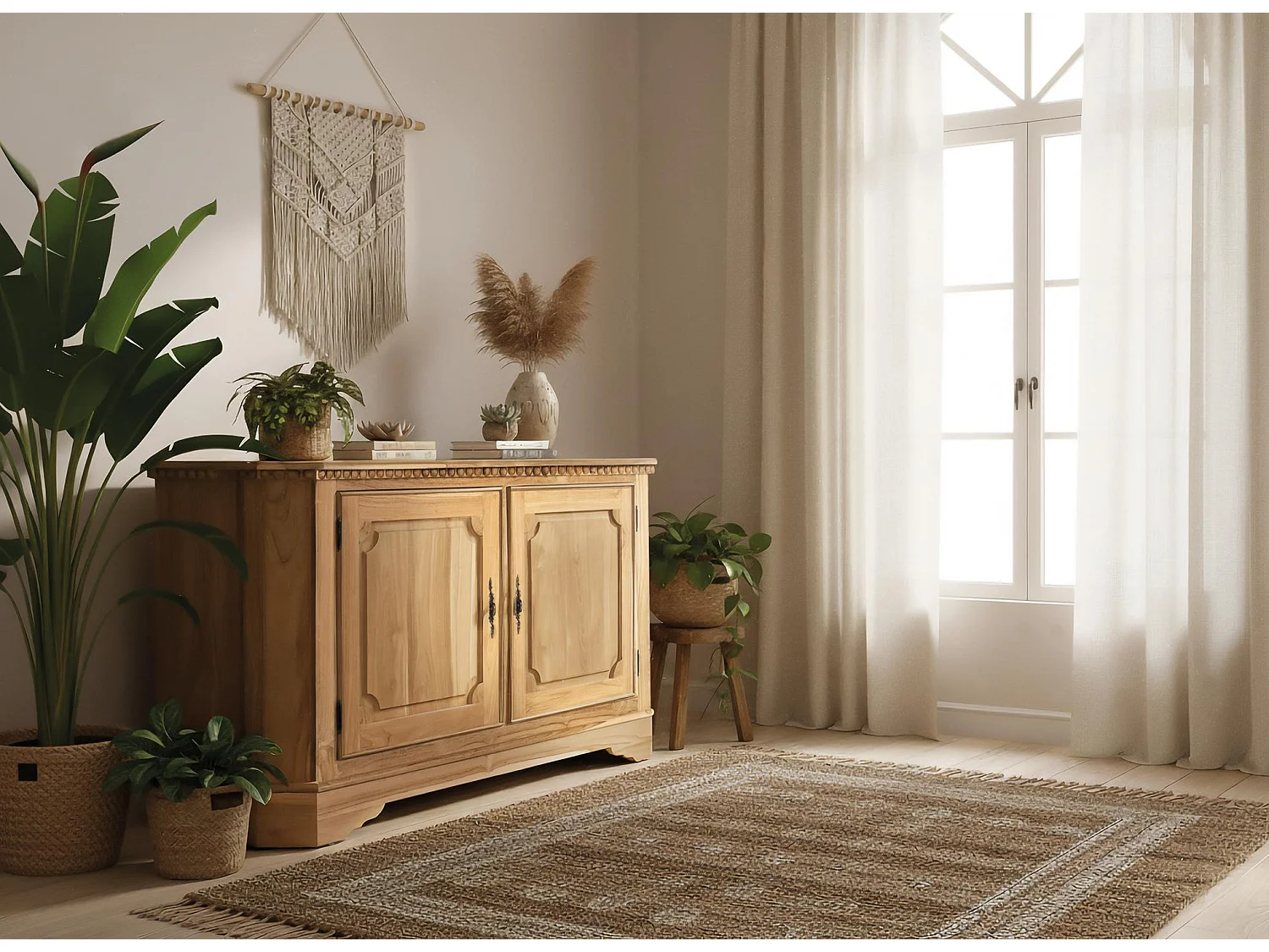 Dressoir met twee deuren en twee binnenplanken in teakhout, 150 cm