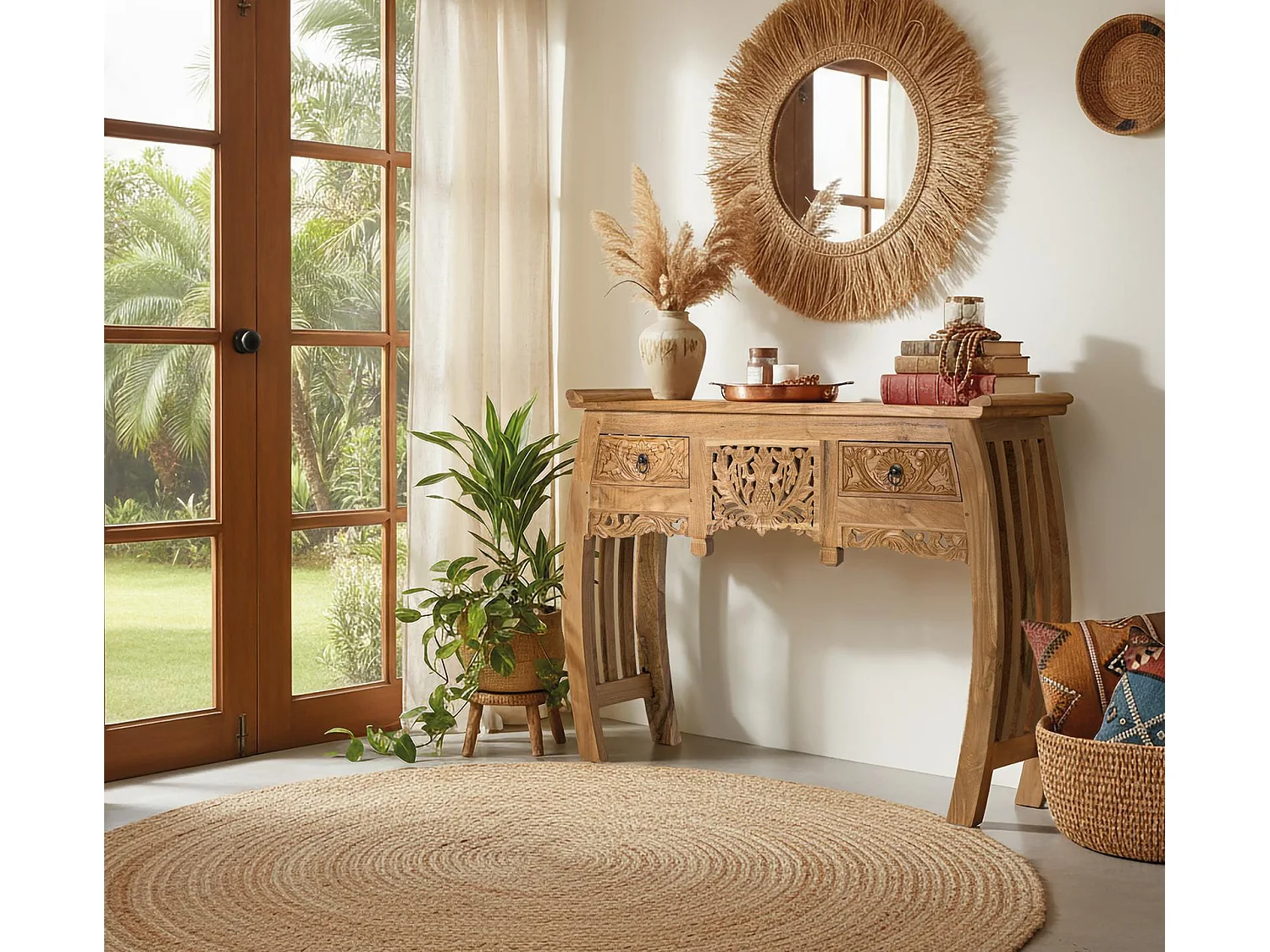 Console en bois de teck 100 cm, style ethnique oriental - 78 x 100 x 37 cm