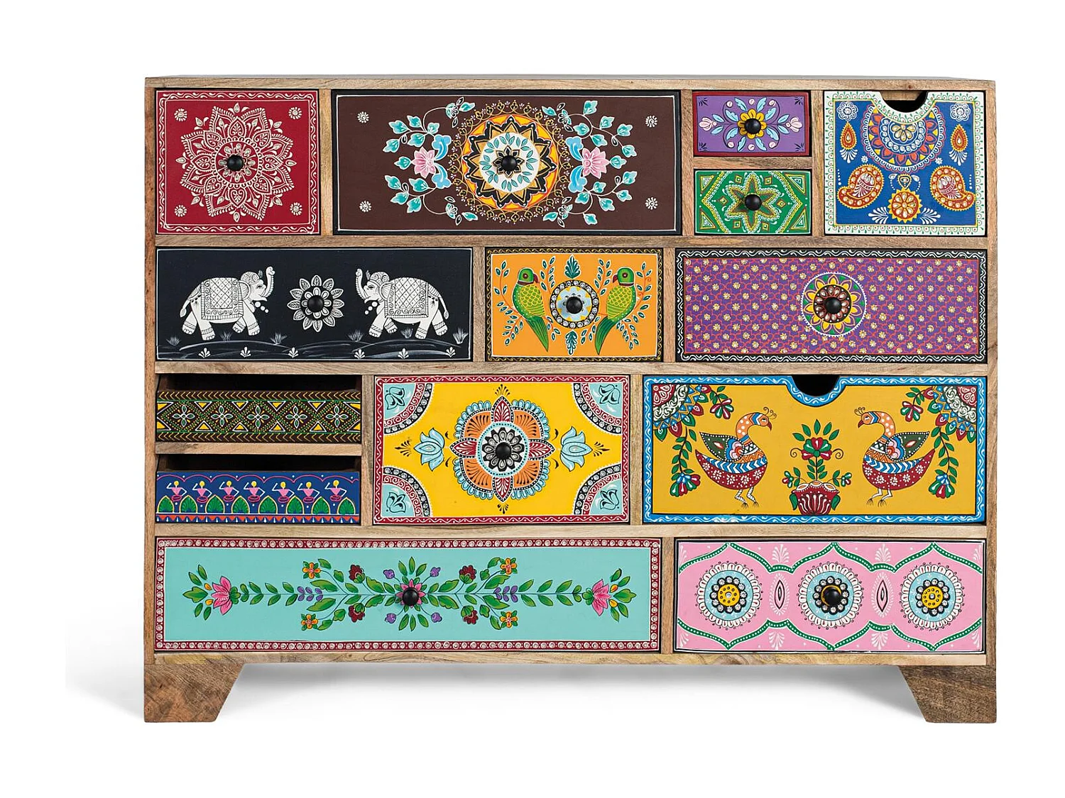 Handbemalte Kommode mit Blumen Elefanten und geometrischen Figuren