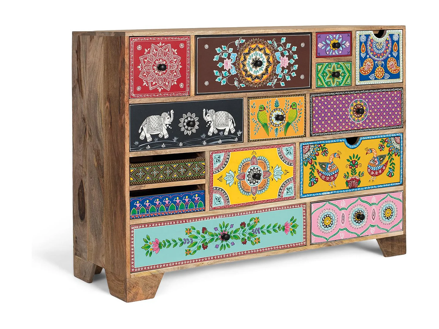 Handbemalte Kommode mit Blumen Elefanten und geometrischen Figuren