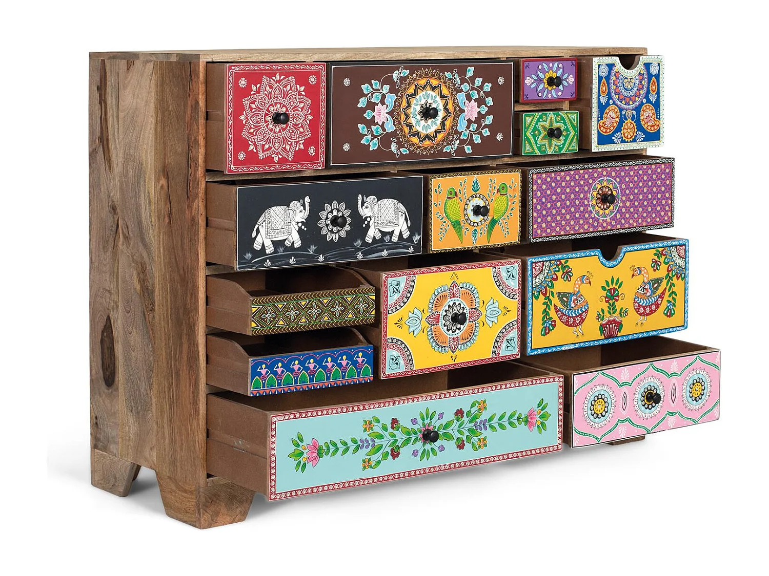 Commode peinte à la main avec des fleurs et figures géométriques