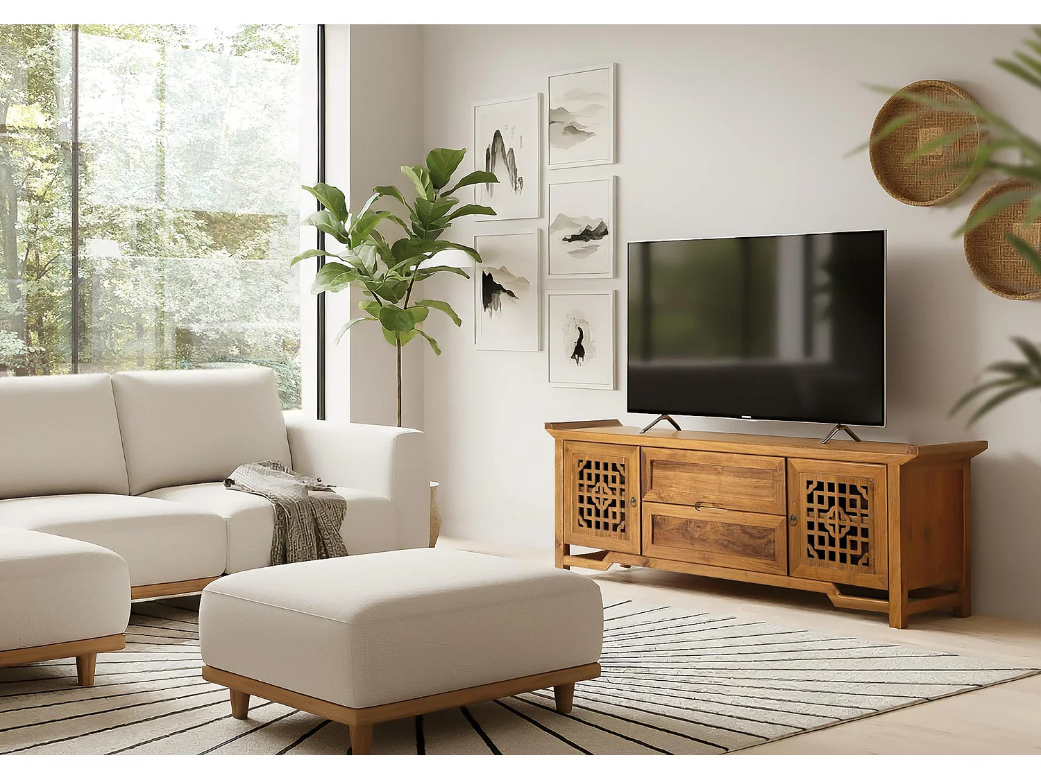 TV-Ständer aus Teakholz, 180 cm, orientalischer Kolonialstil – 60 x 180 x 38 cm
