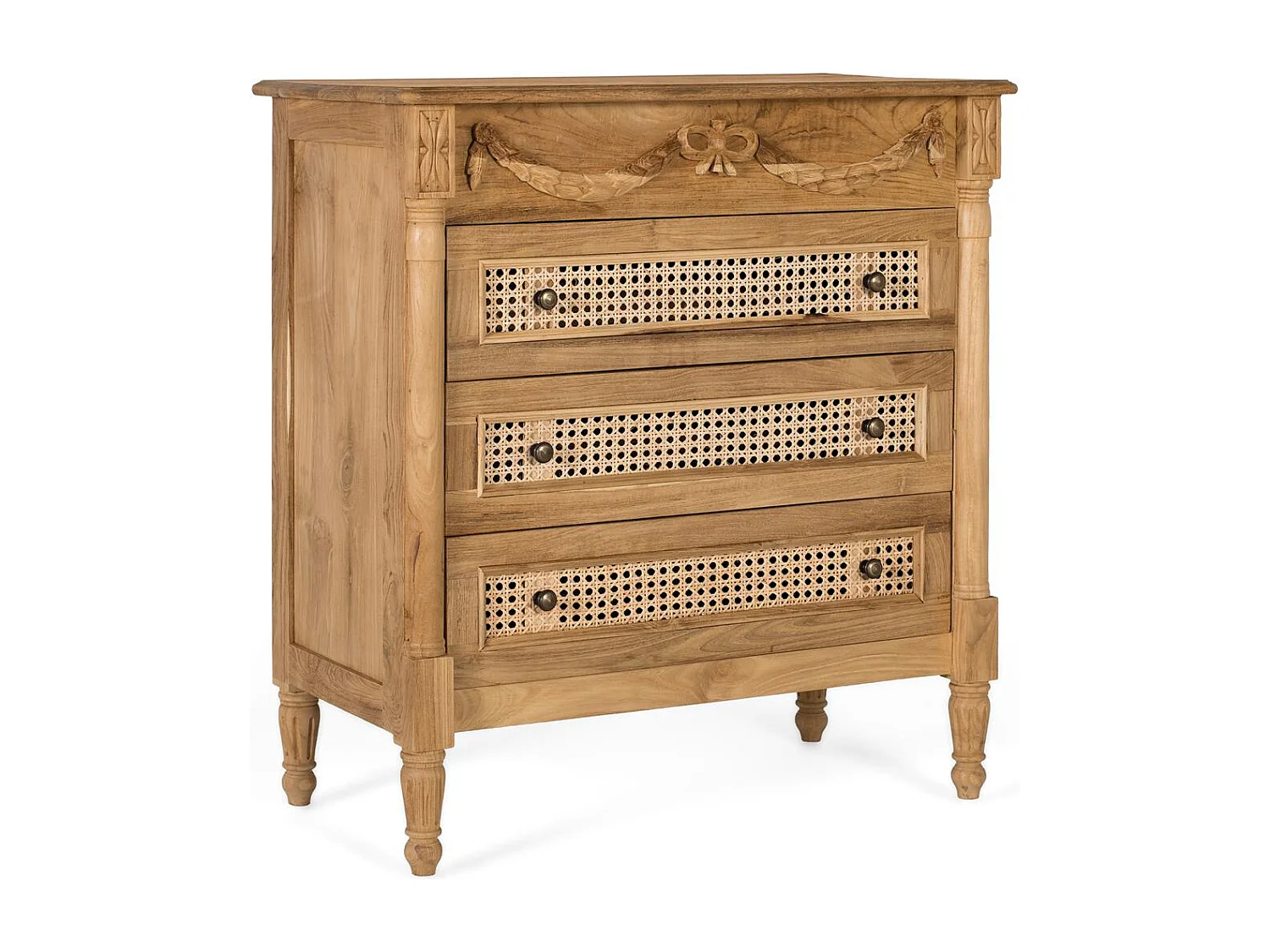 Kommode i massiv teak med tre nettingskuffer, 80 cm