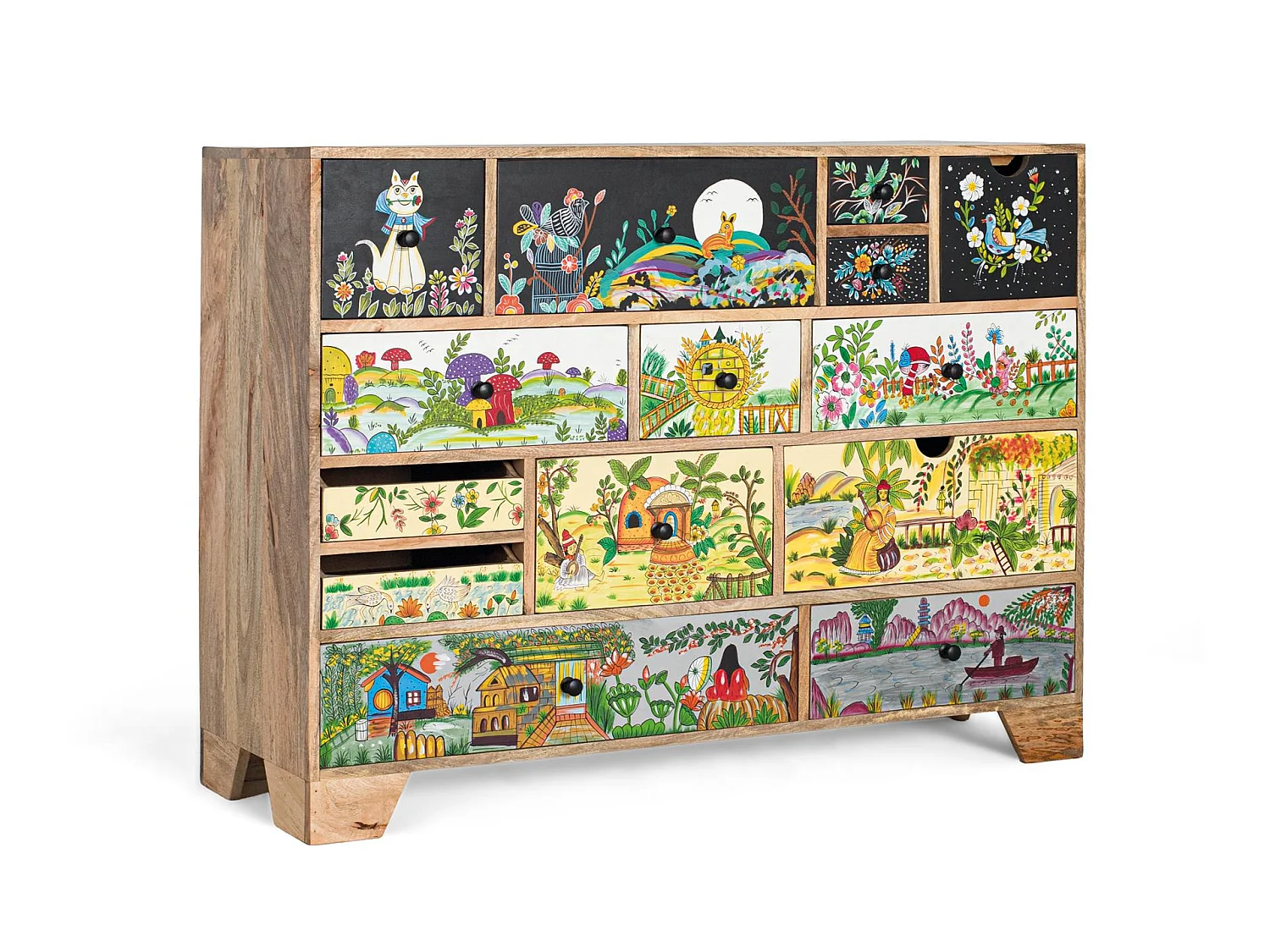 Commode en bois de manguier 120 cm, style ethnique bohème - 90 x 120 x 40