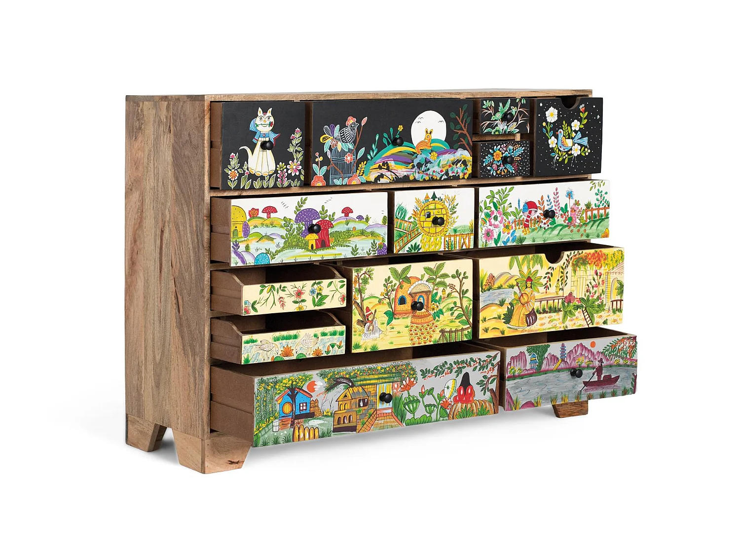 Commode en bois de manguier 120 cm, style ethnique bohème - 90 x 120 x 40
