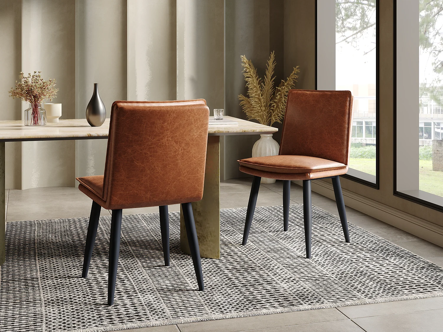 Lot de 4 chaises avec coussins d'assise à 2 couche - simili cuir PU et métal - Marron