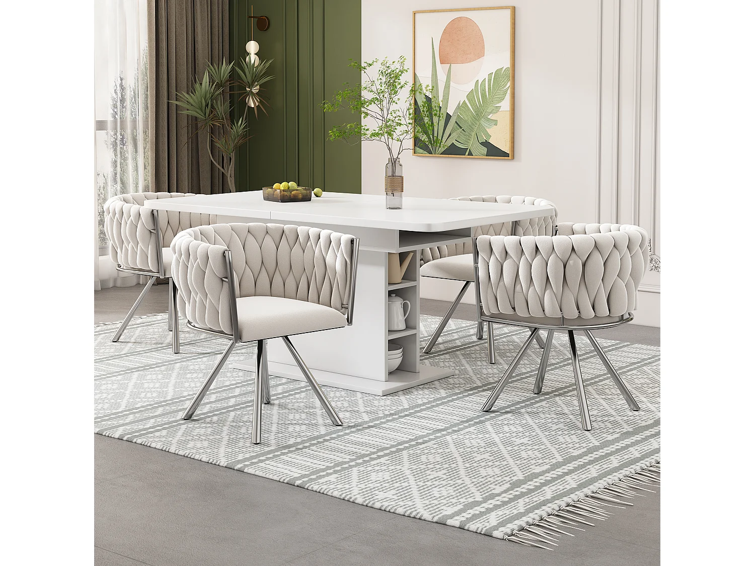 Lot de 4 chaises pivotantes avec accoudoirs, pieds métal argenté - velours beige