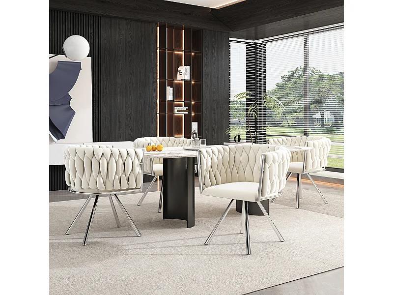 Set di 4 sedie girevoli con braccioli, gambe in metallo argentato - velluto beige