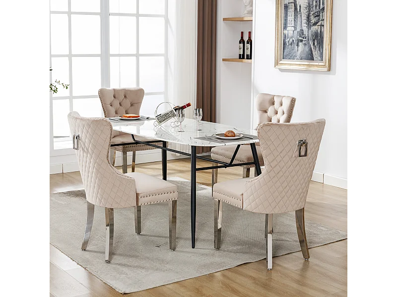 Lot de 4 chaises avec rivets, pieds en métal - Velours beige