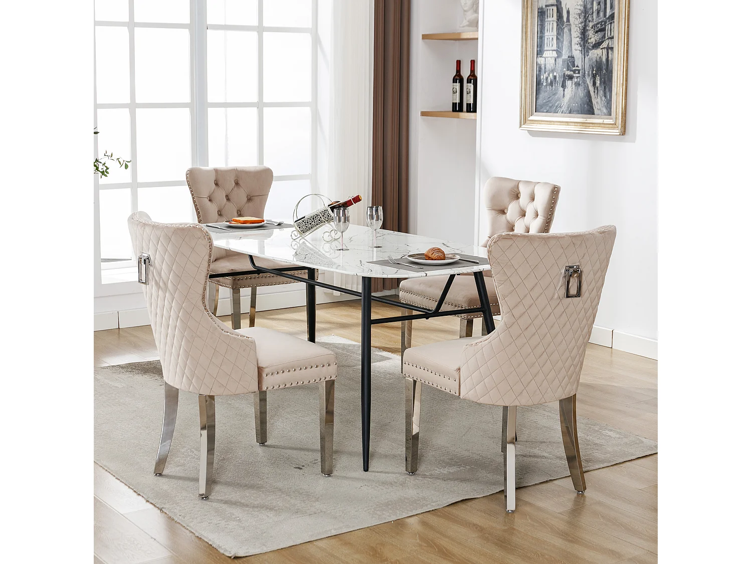 Set van 4 stoelen met klinknagels, metalen poten - Beige fluweel