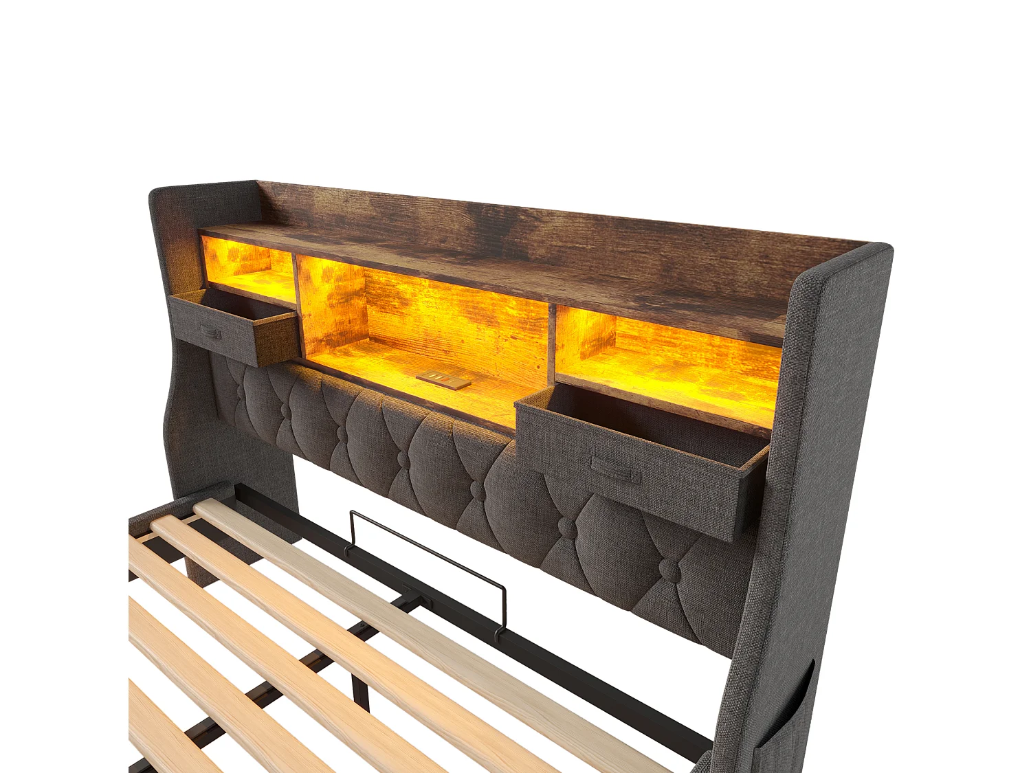 Lit double 160x200cm avec LED, 2 tiroirs, Type-C et 3 USB - Tissu lin - Gris (sans matelas)