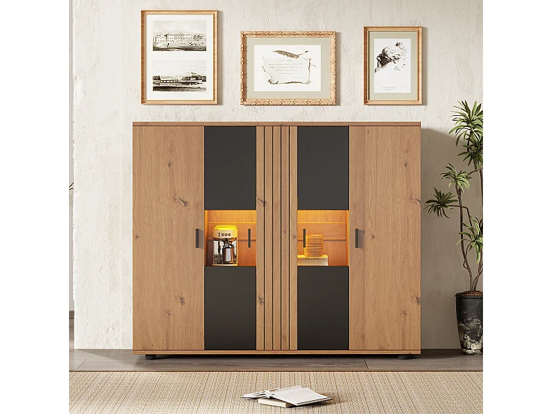 Dressoir met 4 deuren en LED-verlichting - verstelbare planken - Zwart en hout