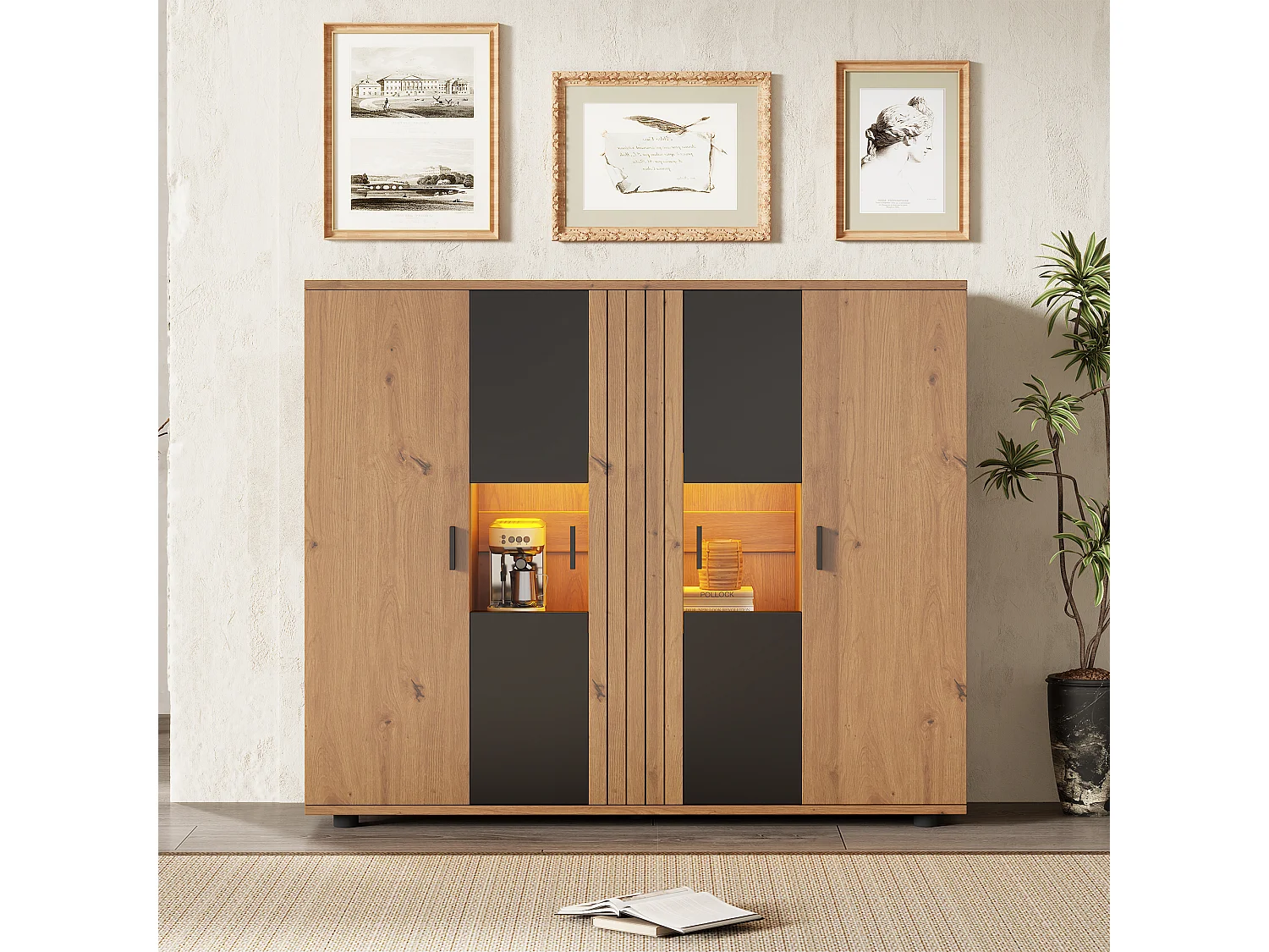 Dressoir met 4 deuren en LED-verlichting - verstelbare planken - Zwart en hout