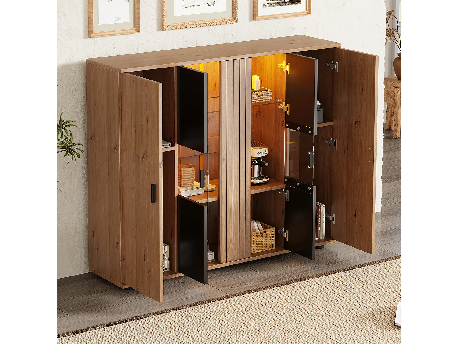 Credenza con 4 ante e illuminazione a LED - ripiani regolabili - Nero e legno