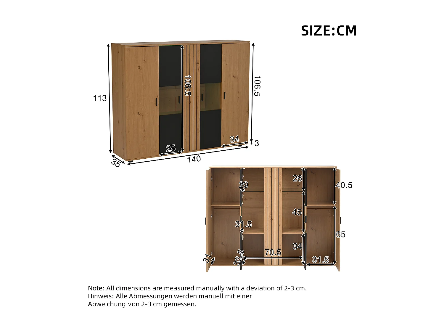 Credenza con 4 ante e illuminazione a LED - ripiani regolabili - Nero e legno