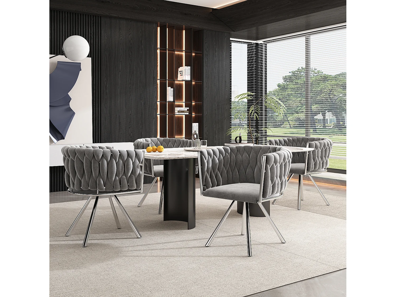 Lot de 4 chaises pivotantes avec accoudoirs, pieds métal argenté - velours gris