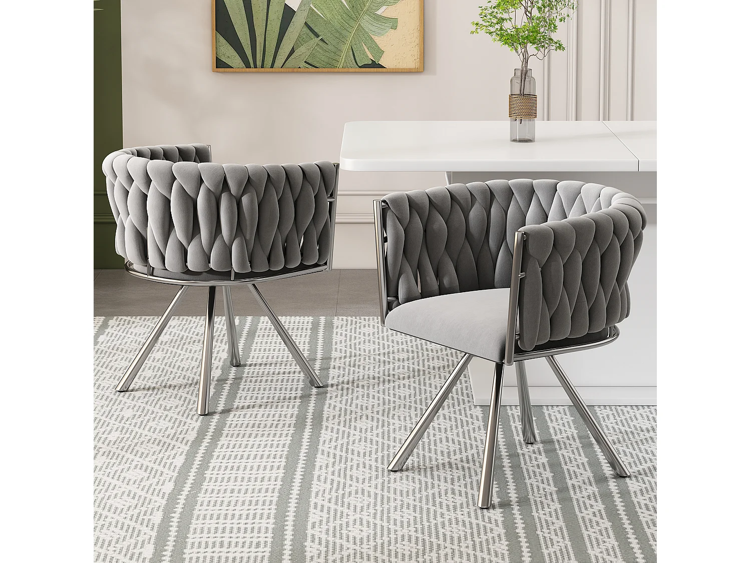 Lot de 4 chaises pivotantes avec accoudoirs, pieds métal argenté - velours gris