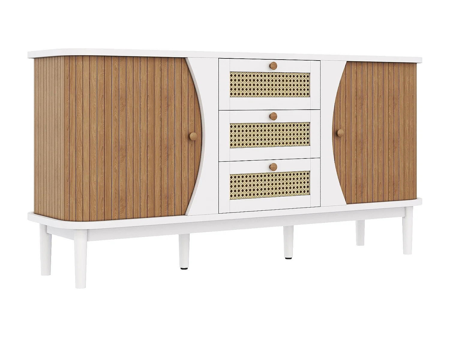 Buffet avec 3 tiroirs en rotin et 2 portes coulissantes - Blanc et naturel