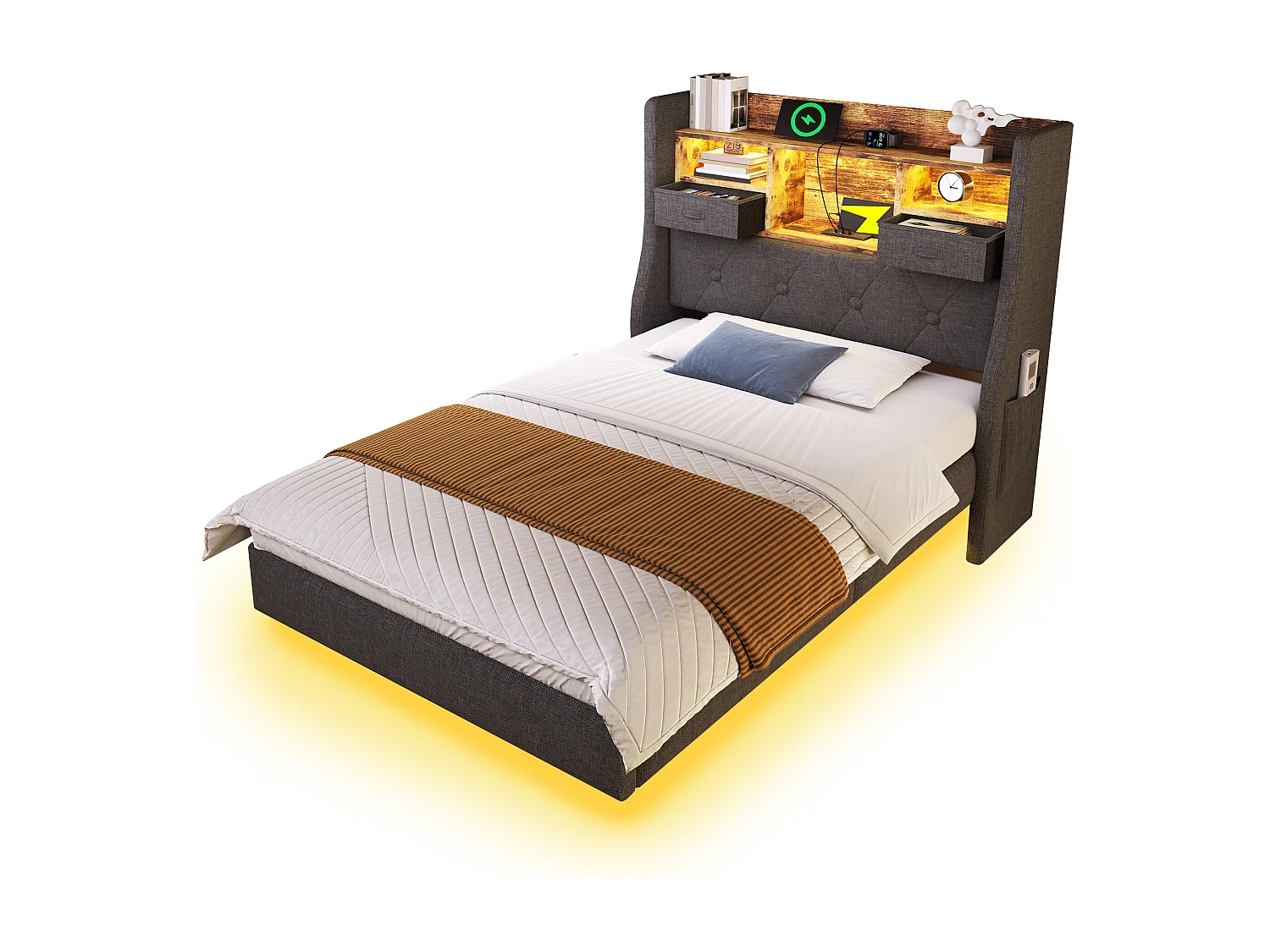 Lit simple 90x200cm avec LED, 2 tiroirs, Type-C et 3 USB - Tissu lin - Gris (sans matelas)