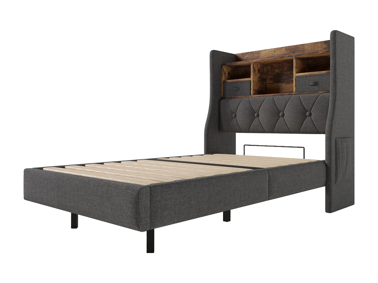 Lit simple 90x200cm avec LED, 2 tiroirs, Type-C et 3 USB - Tissu lin - Gris (sans matelas)