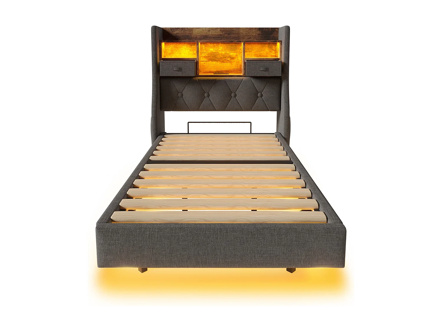 Lit simple 90x200cm avec LED, 2 tiroirs, Type-C et 3 USB - Tissu lin - Gris (sans matelas)