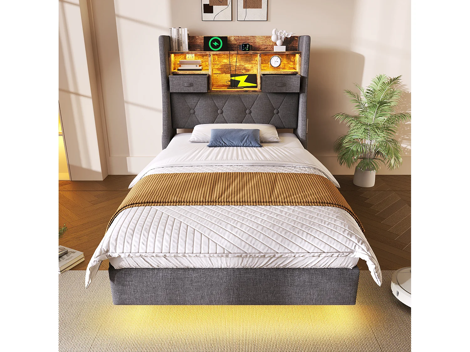 Cama individual de 90x200cm con LED, 2 cajones, puerto Tipo C y 3 puertos USB - Tapizada en lino - Gris (colchón no incluido)