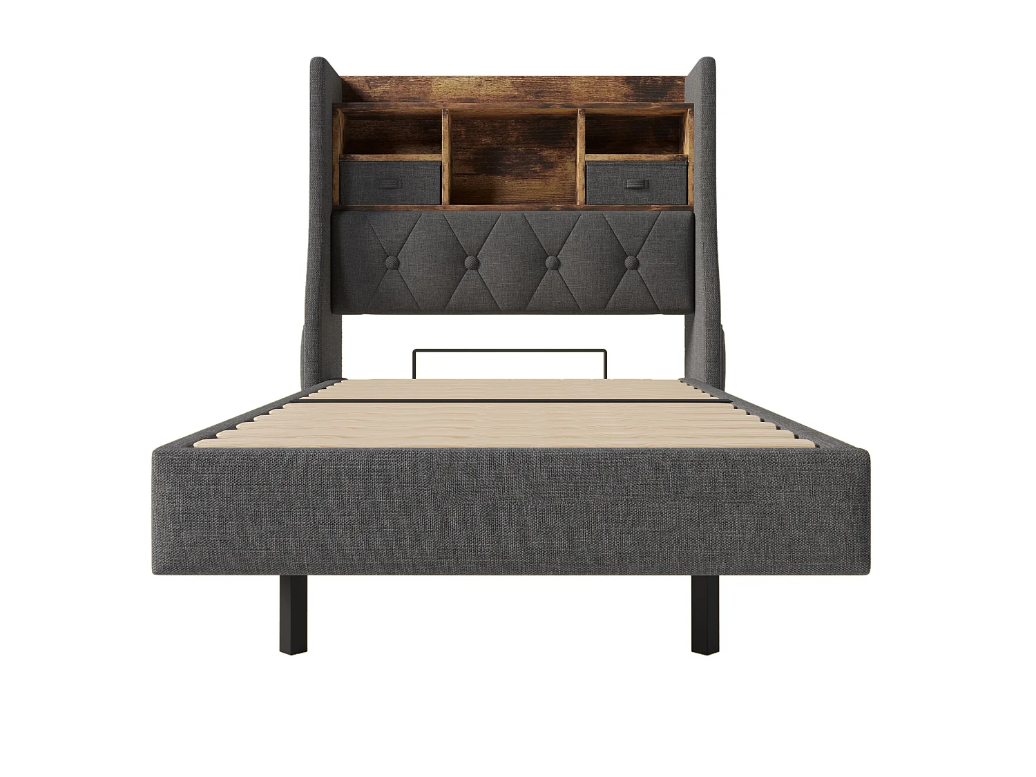 Cama individual de 90x200cm con LED, 2 cajones, puerto Tipo C y 3 puertos USB - Tapizada en lino - Gris (colchón no incluido)