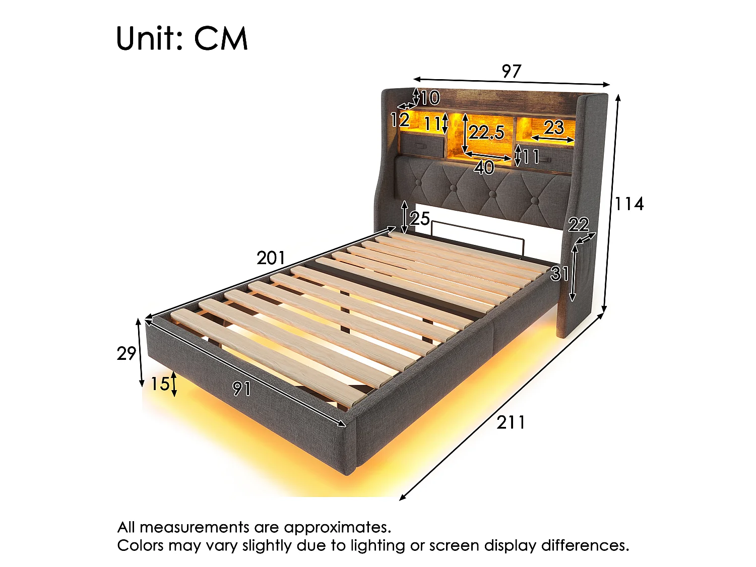 Cama individual de 90x200cm con LED, 2 cajones, puerto Tipo C y 3 puertos USB - Tapizada en lino - Gris (colchón no incluido)