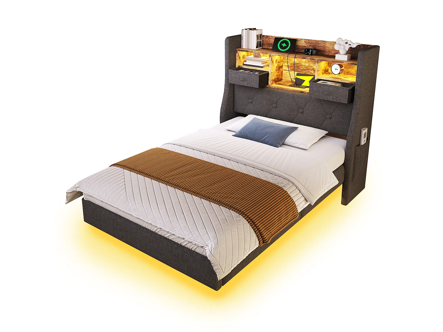 Cama individual de 90x200cm con LED, 2 cajones, puerto Tipo C y 3 puertos USB - Tapizada en lino - Gris (colchón no incluido)