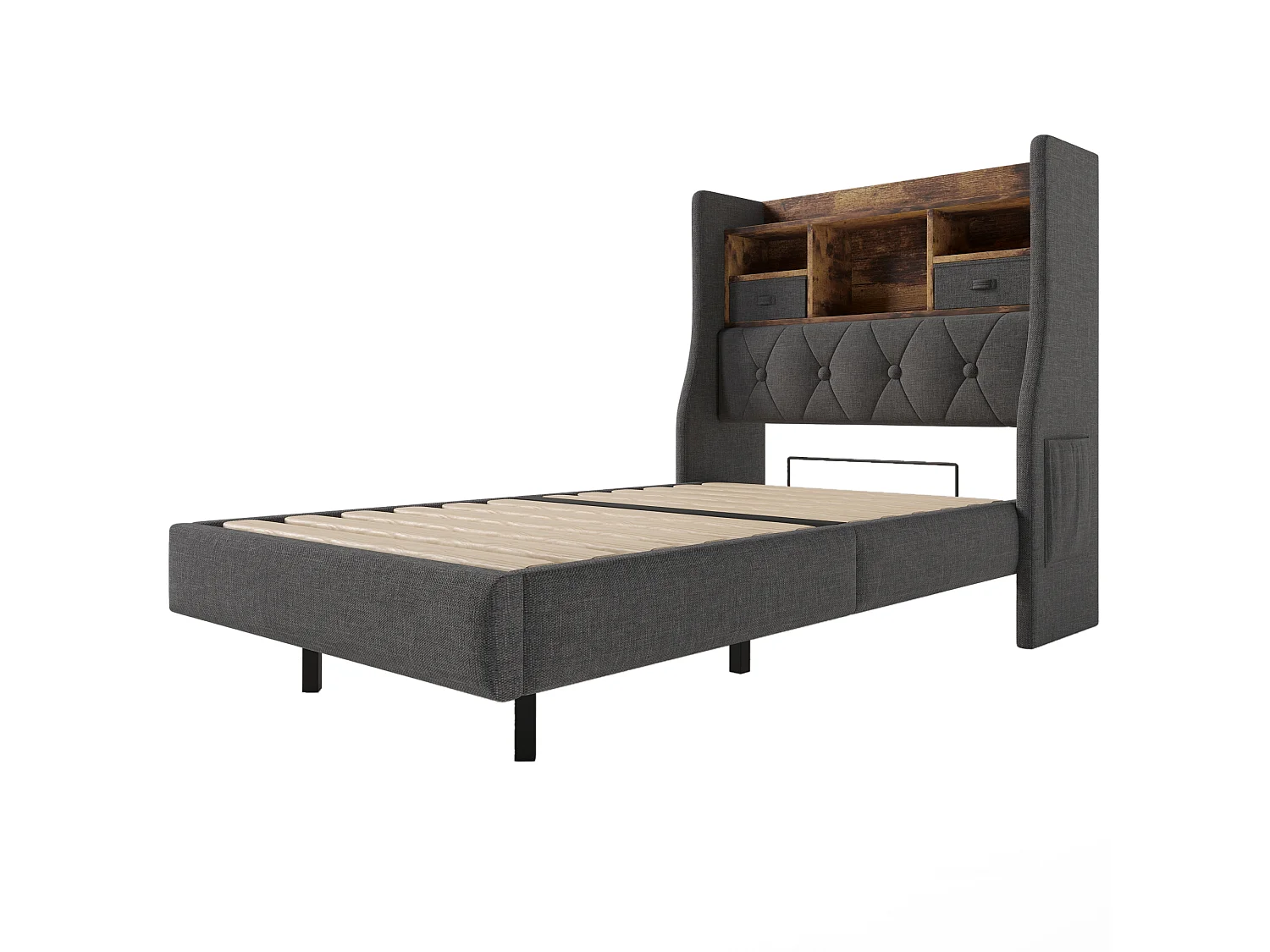 Cama individual de 90x200cm con LED, 2 cajones, puerto Tipo C y 3 puertos USB - Tapizada en lino - Gris (colchón no incluido)
