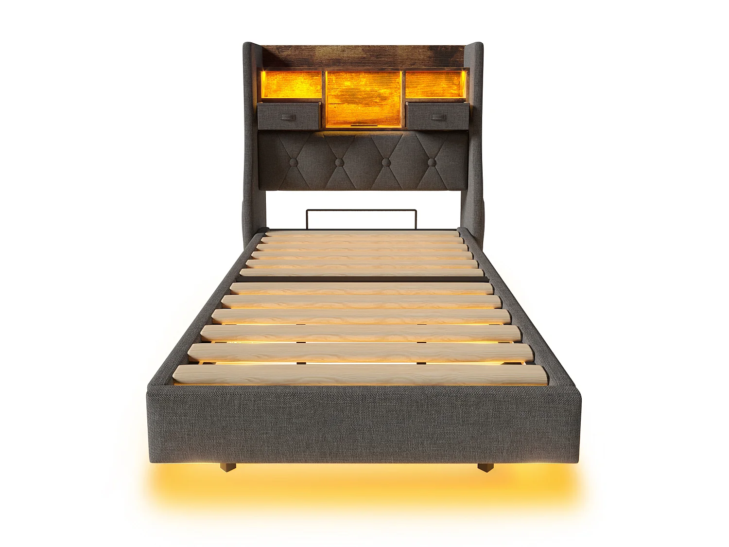 Cama individual de 90x200cm con LED, 2 cajones, puerto Tipo C y 3 puertos USB - Tapizada en lino - Gris (colchón no incluido)