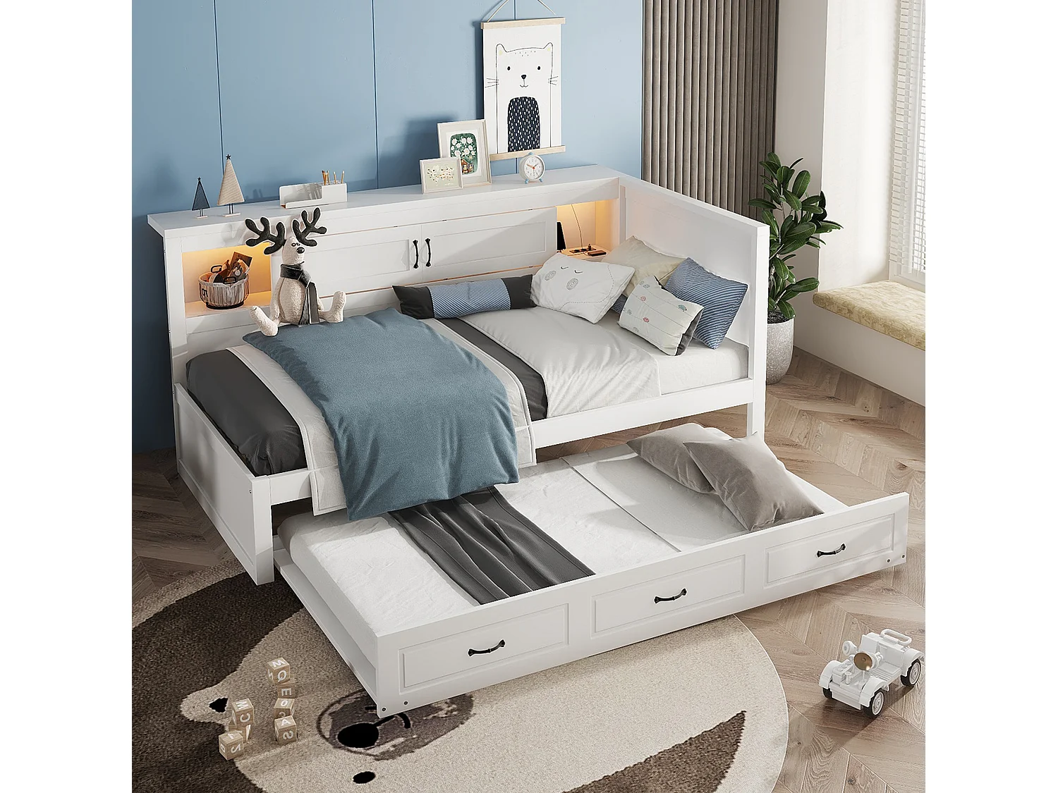Lit banquette 90 x 200cm avec lit gigogne 90 x 190cm - Avec LED, USB et rangement -Blanc