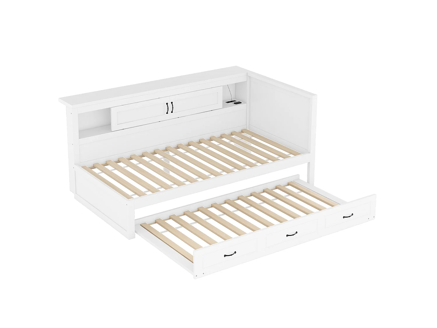 Lit banquette 90 x 200cm avec lit gigogne 90 x 190cm - Avec LED, USB et rangement -Blanc