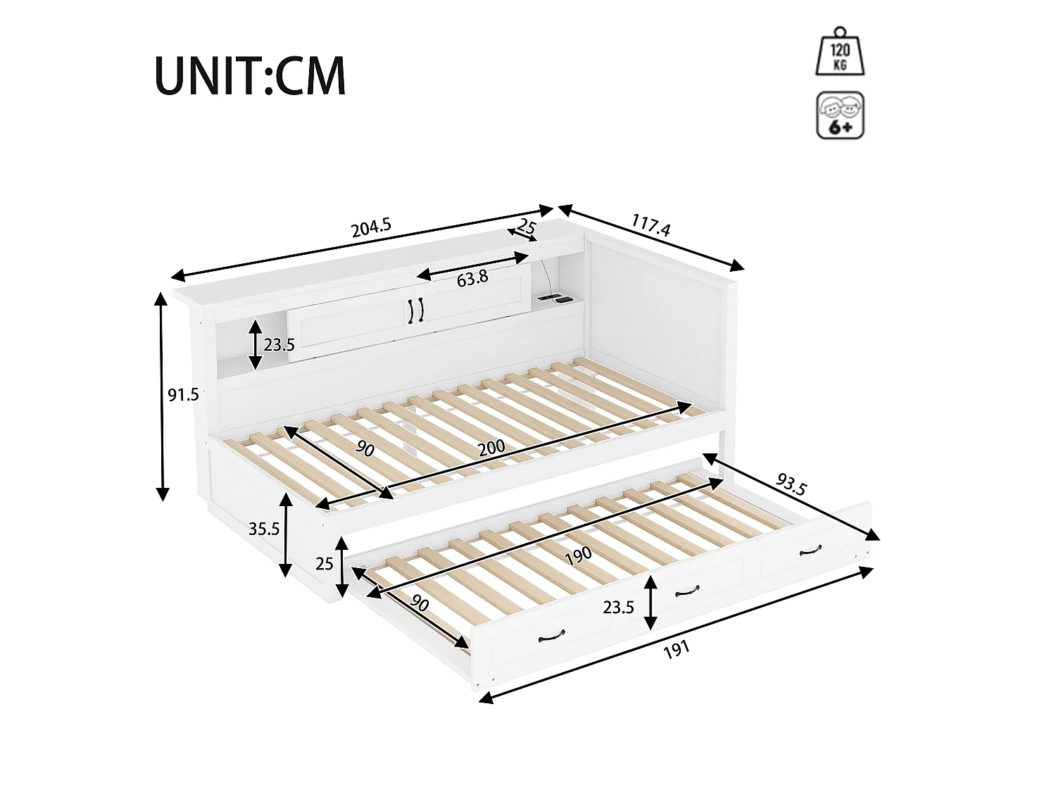 Lit banquette 90 x 200cm avec lit gigogne 90 x 190cm - Avec LED, USB et rangement -Blanc