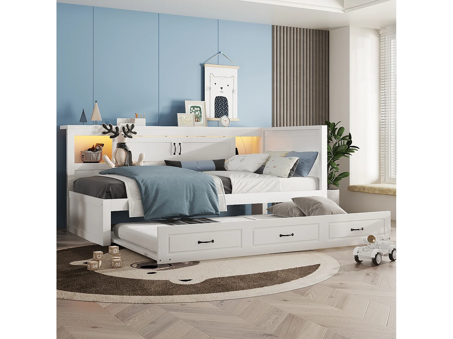 Lit banquette 90 x 200cm avec lit gigogne 90 x 190cm - Avec LED, USB et rangement -Blanc