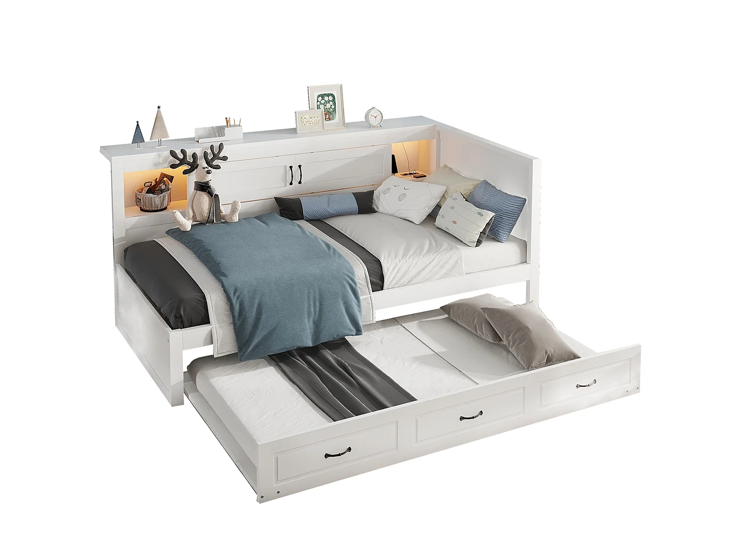 Lit banquette 90 x 200cm avec lit gigogne 90 x 190cm - Avec LED, USB et rangement -Blanc