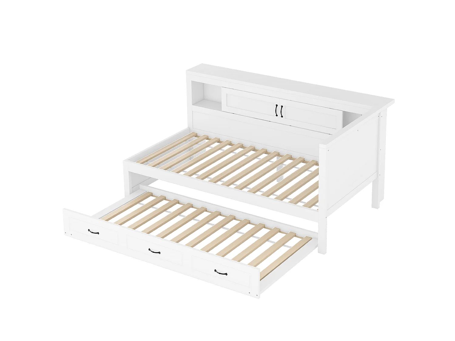 Lit banquette 90 x 200cm avec lit gigogne 90 x 190cm - Avec LED, USB et rangement -Blanc