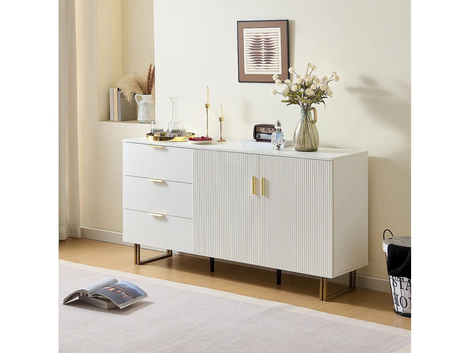 Dressoir met 3 lades en 2 deuren, gouden handgreep - Wit