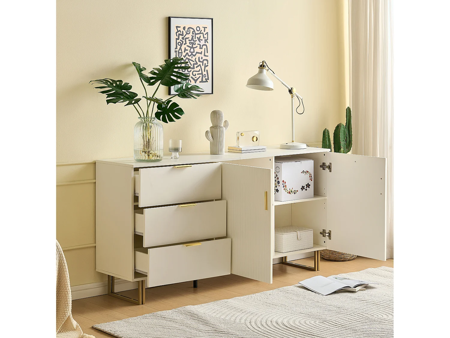 Dressoir met 3 lades en 2 deuren, gouden handgreep - Wit