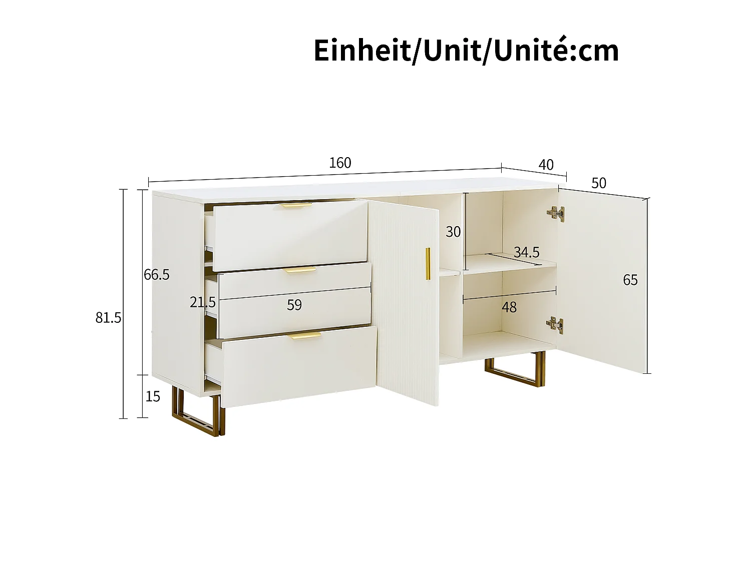 Dressoir met 3 lades en 2 deuren, gouden handgreep - Wit