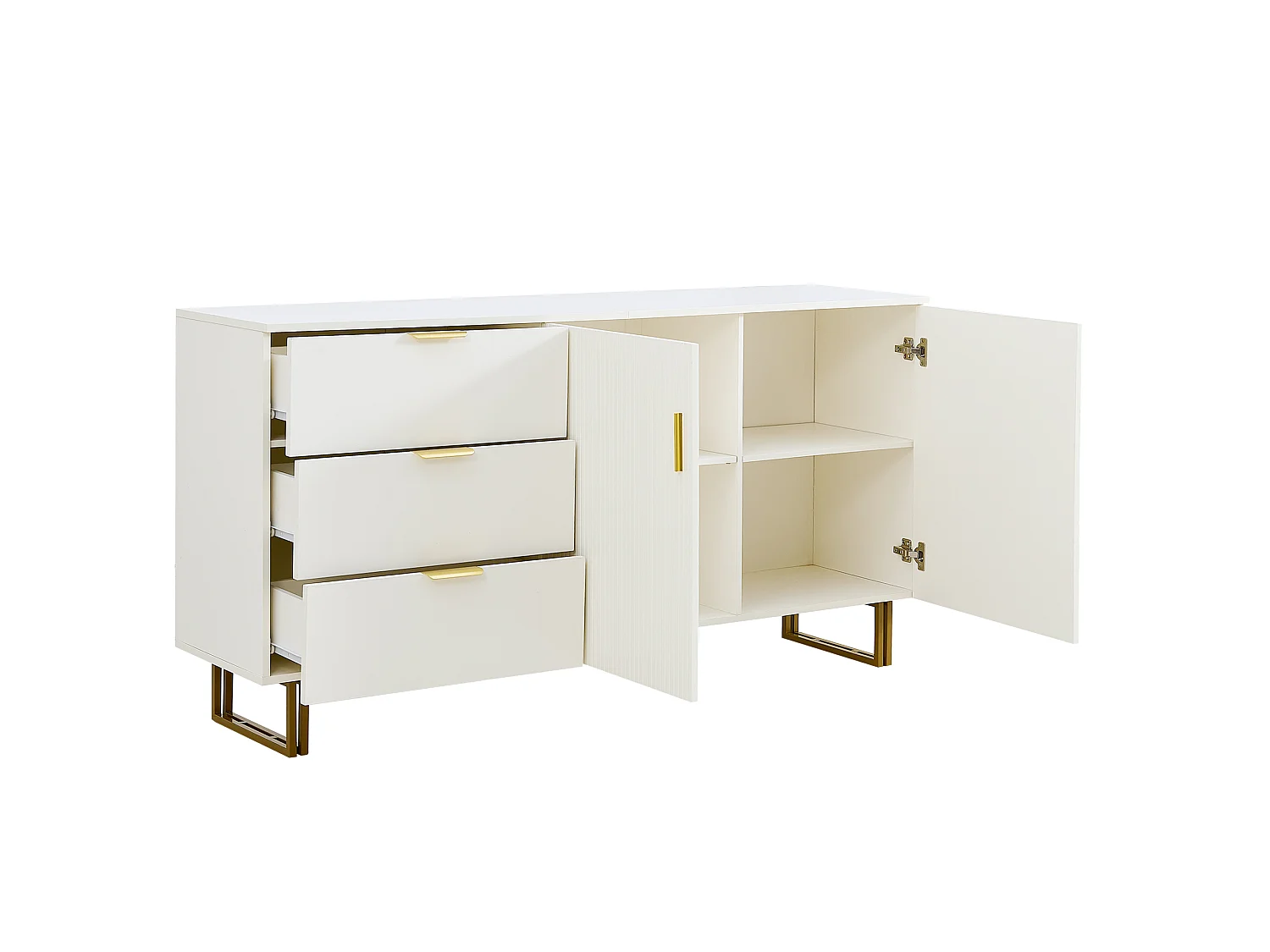 Dressoir met 3 lades en 2 deuren, gouden handgreep - Wit