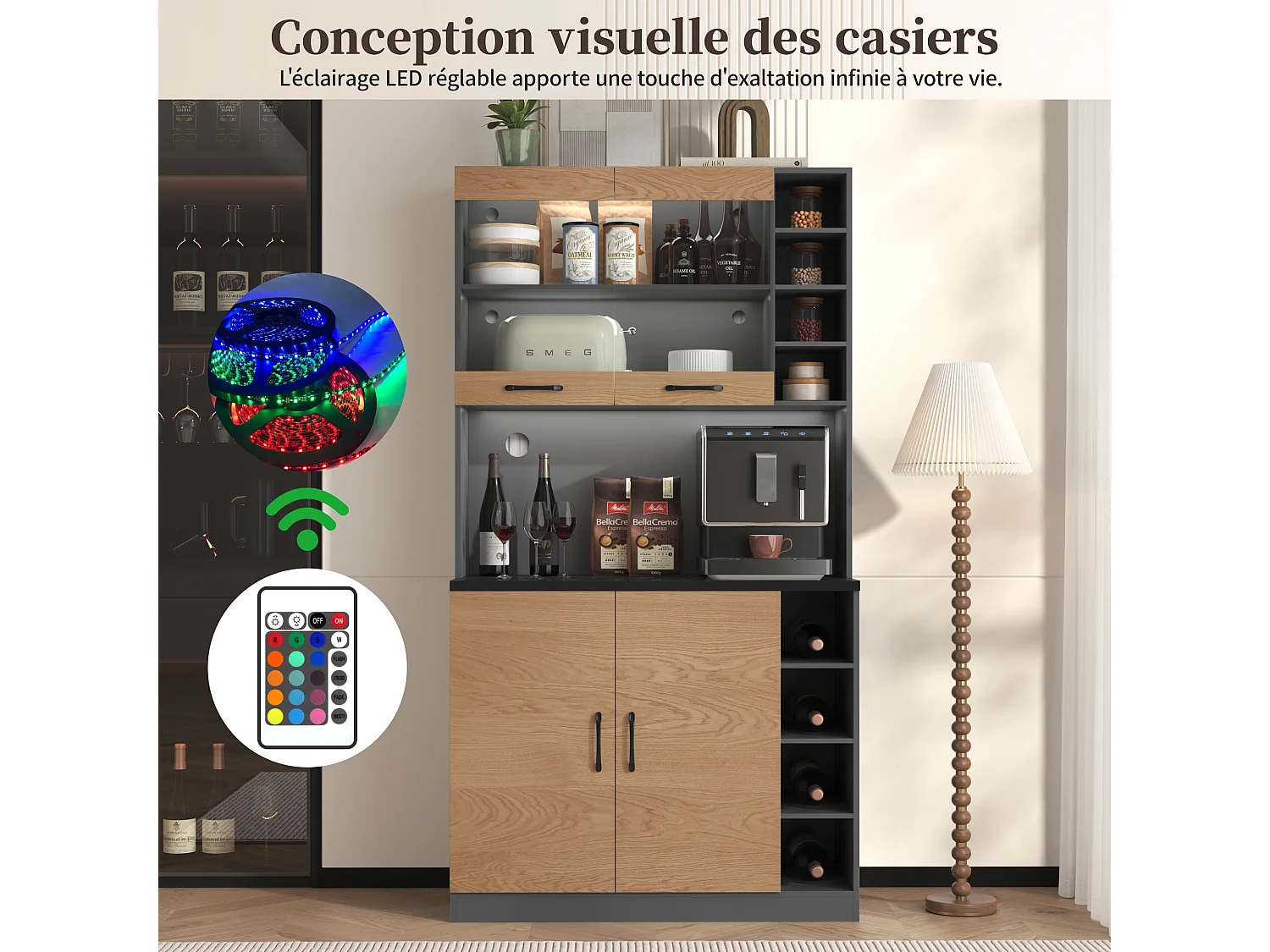 Keuken dressoir met 2 acryl deuren en LED verlichting, grijs en naturel