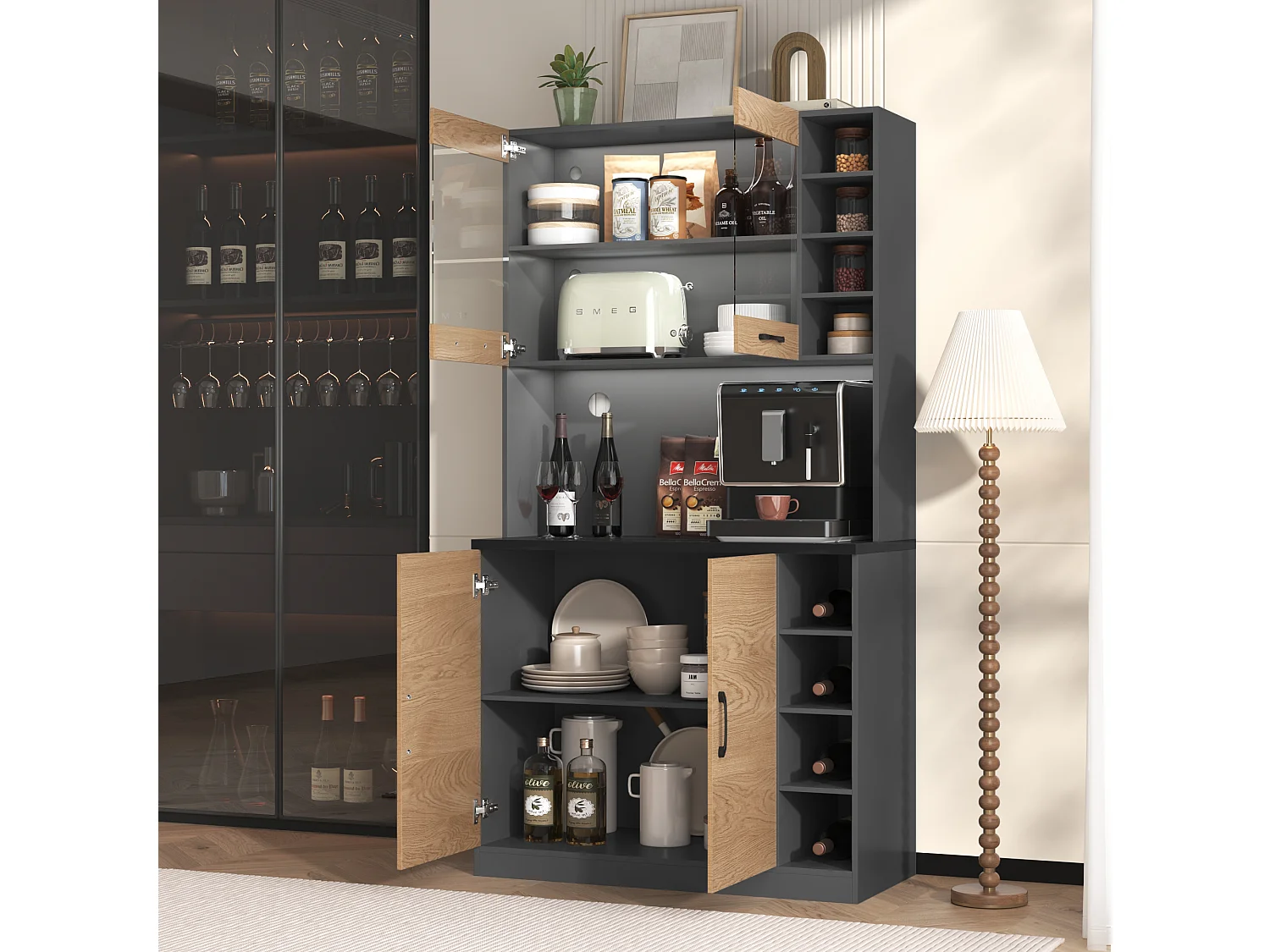 Keuken dressoir met 2 acryl deuren en LED verlichting, grijs en naturel