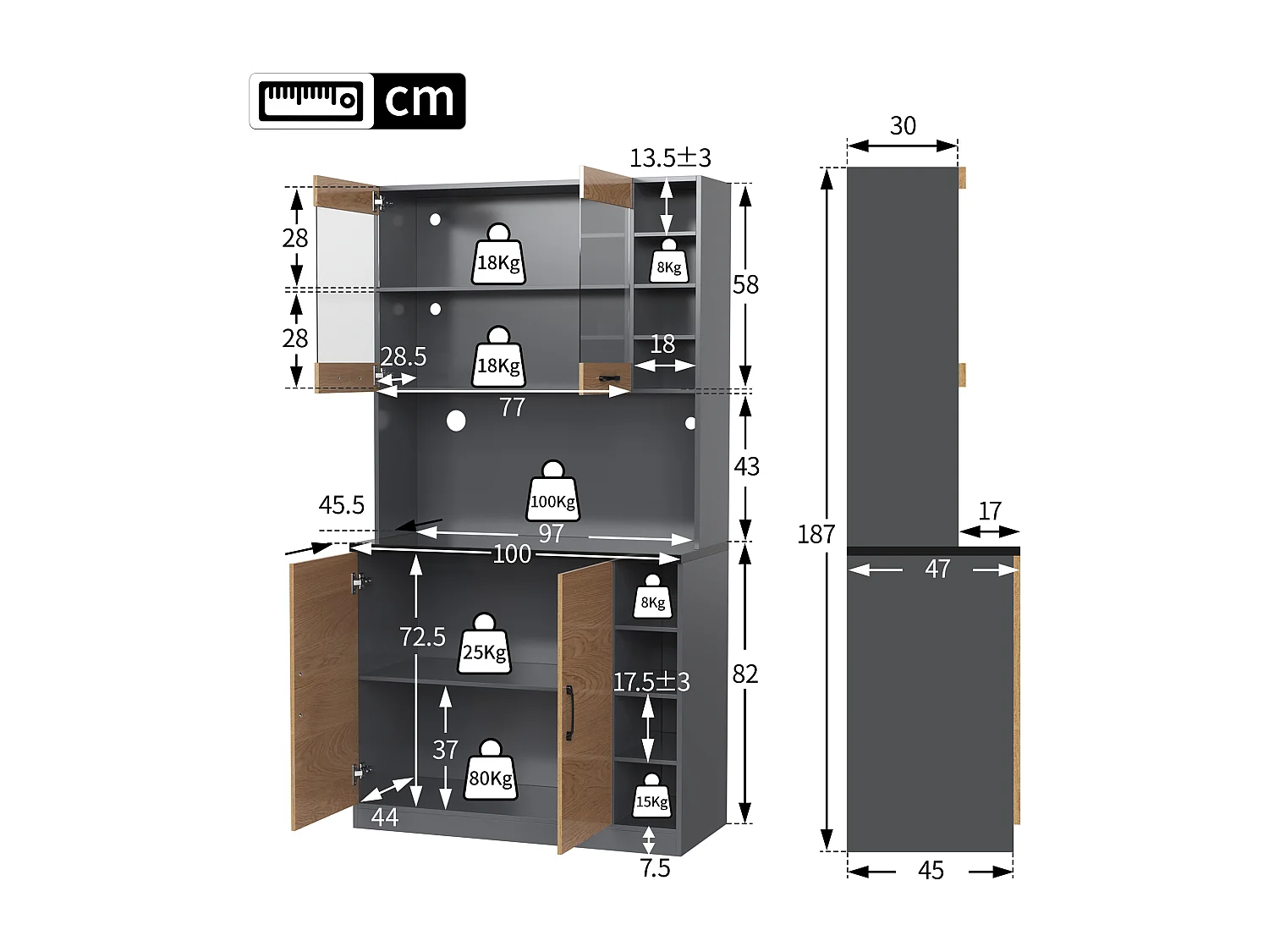 Keuken dressoir met 2 acryl deuren en LED verlichting, grijs en naturel